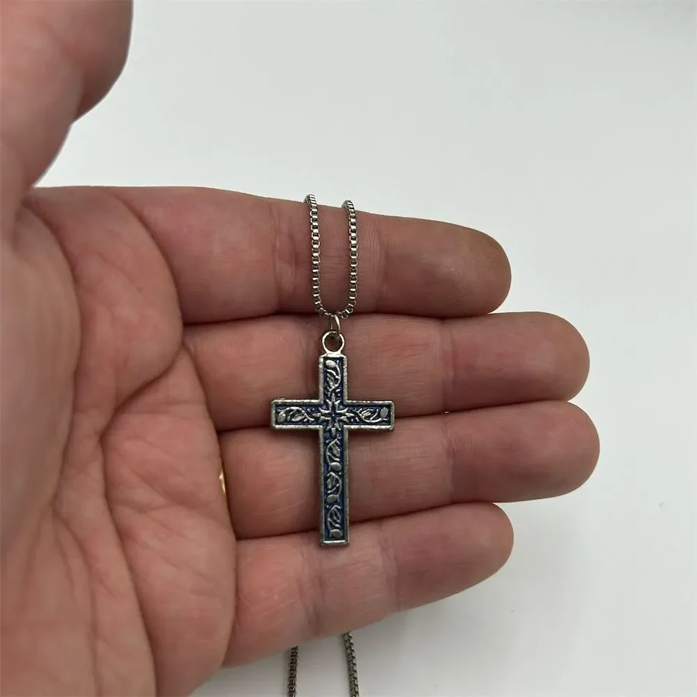 Vintage Blue Enamel Cross Silver Tone Pendant Necklace - Picture 2 of 4